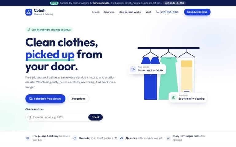 Cobalt Cleaners dry cleaner demo website, desktop view