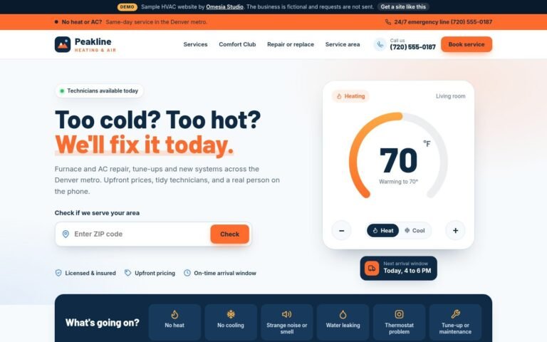 Peakline Heating & Air HVAC demo website, desktop view