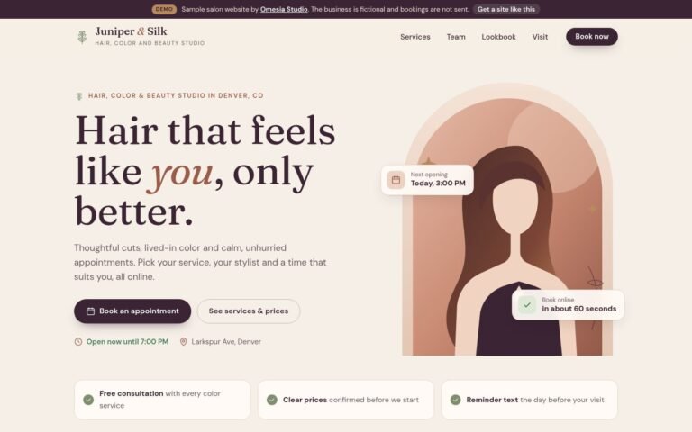Juniper & Silk salon demo website, desktop view